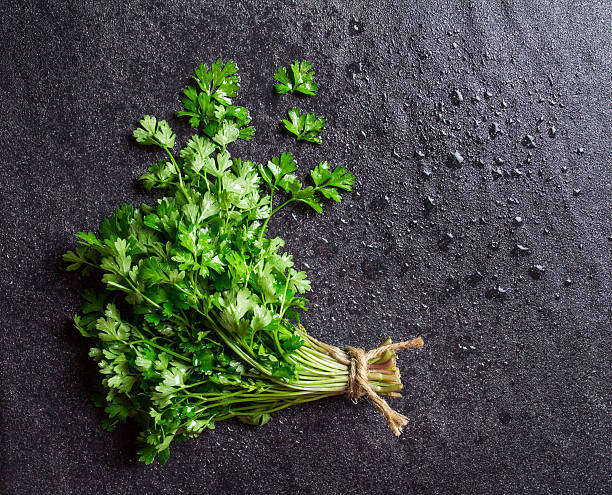 istock wet Fresh Green parsley on dark stone background 492508988