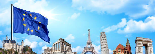 istock European flag with travel background 492512236
