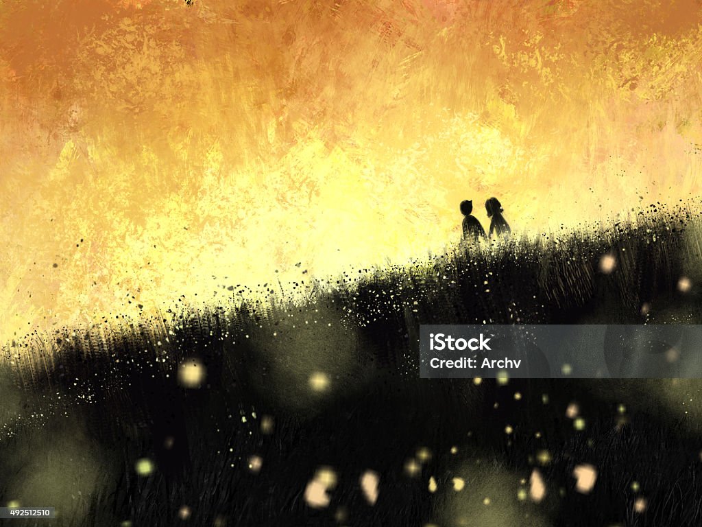 digital painting of sunset with couple in the meadow digital painting of sunset with couple in the meadow, oil on canvas texture Rear View stock illustration