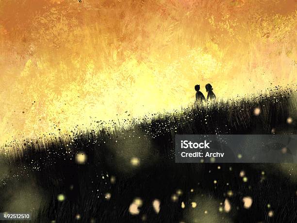 Digital Painting Of Sunset With Couple In The Meadow Stock Illustration - Download Image Now