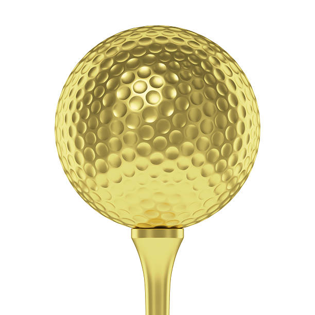 istock Golden golf ball on tee closeup isolated on white 492513060