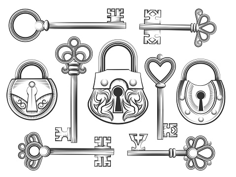Hand drawn vintage key and lock vector set. Padlock and keyhole,  antique collection, security and safety illustration