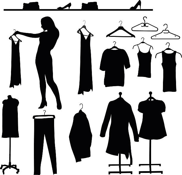 Clothes Collection A vector silhouette illustration of women's clothes on hangers including dresses, pants, blouses, tank tops, and sweaters. A woman holds up a blouse for better viewing.  There is a shelf of shoes and folded clothes. yoga pants stock illustrations