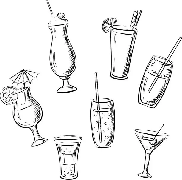 Vector illustration of Drinks, cocktails and beverages sketches