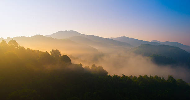istock Panoramic view misty morning sunrise in mountain at north Thailand 492516406