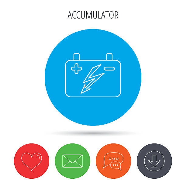 ilustraciones, imágenes clip art, dibujos animados e iconos de stock de acumulador icono. batería eléctrica señal. - emitter