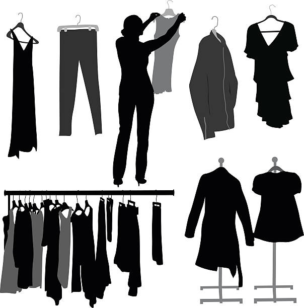 Clothes On Hangers A vector silhouette illustration of women's clothes on hangers including dresses, pants, blowses, and sweaters. A woman holds up a blowse for better viewing. clothes hanger rod stock illustrations