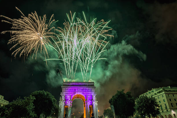 istock Happy new year and merry xmas fireworks on triumph arc 492518520