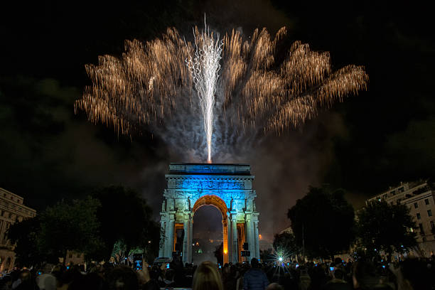 istock Happy new year and merry xmas fireworks on triumph arc 492518538