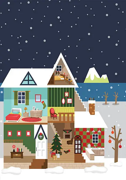 Vector illustration of House cutaway and decoration on Christmas day