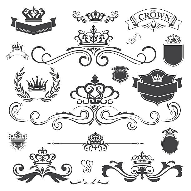 벡터 빈티지 장식, 왕관 디자인 요소 - frame ornate old fashioned shield stock illustrations