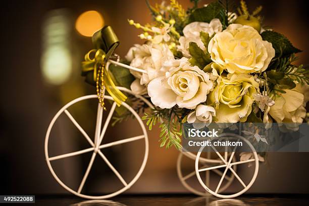 Wooden Bicycle With Flowers Stock Photo - Download Image Now - 2015, Arrangement, Artificial