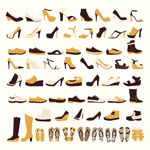 illustrazioni stock, clip art, cartoni animati e icone di tendenza di set di icone di uomo e delle calzature donna - white background lifestyles equipment dress shoe