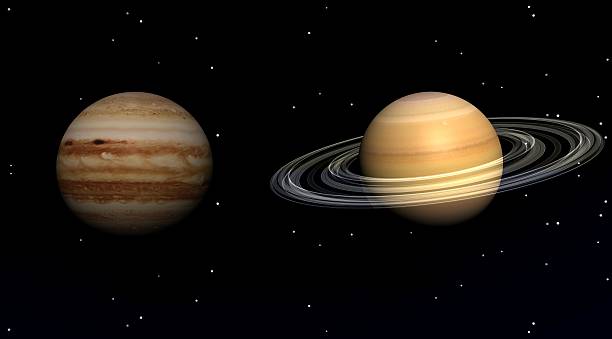 jupiter and saturn - 3d render planets jupiter and saturn in a sky of starry night jupiter stock pictures, royalty-free photos & images