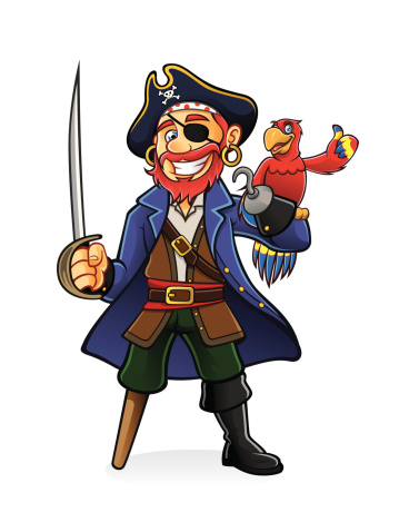 Pirate was standing holding a drawn sword with a parrot perched on hand