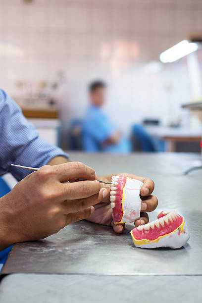 dental técnico trabajando en un modelo de mordaza - technician dentures prosthetic equipment workshop fotografías e imágenes de stock