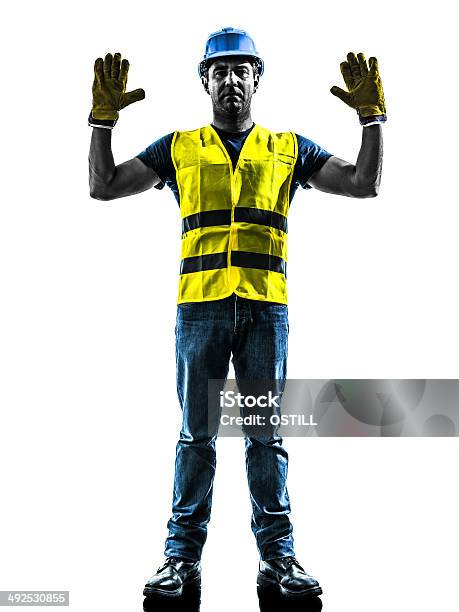Construction Worker Signaling Stop Gesture Silhouette Stock Photo - Download Image Now