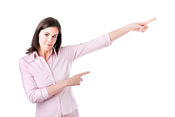 istock Smiling business woman presenting. 492533247