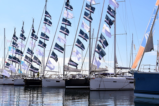 Istanbul, Turkey - October 09, 2015: Some of the sailing boats at Istanbul Boat Show 2015 at Istanbul Marinturk Pendik Marina 