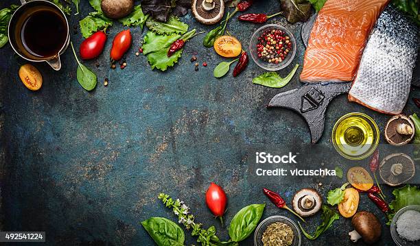 Salmon Fillet With Fresh Ingredients For Tasty Cooking Stock Photo - Download Image Now