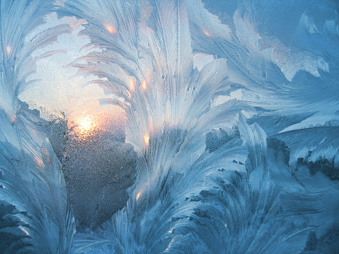 Frost pattern on glass. Ice background. Copyspace. Cold weather. Climate. Frost