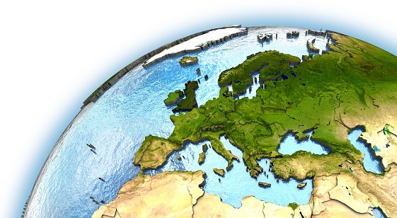 Europe on planet Earth with embossed continents and country borders. Elements of this image furnished by NASA.