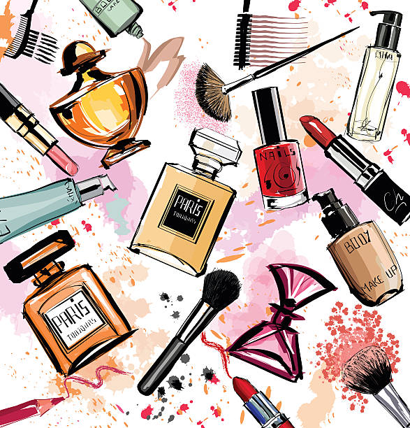 aquarell kosmetika und parfums kollektion - makeup stock-grafiken, -clipart, -cartoons und -symbole