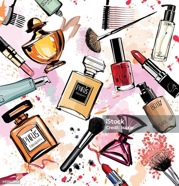 Watercolor Cosmetics And Perfumes Collection Stock Illustration - Download Image Now - Make-Up, Perfume, Beauty Product