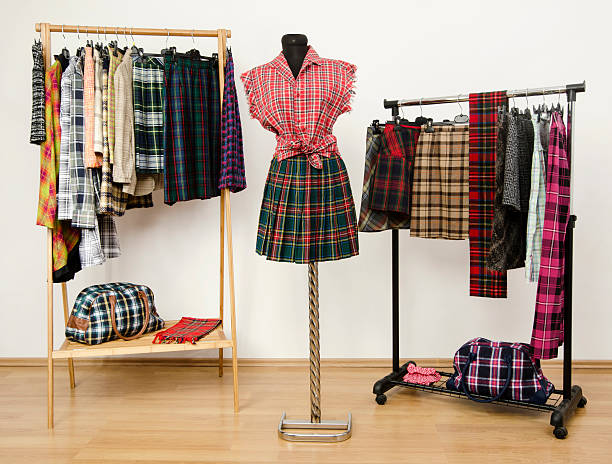 istock Colorful wardrobe with tartan clothes and accessories. 492543787