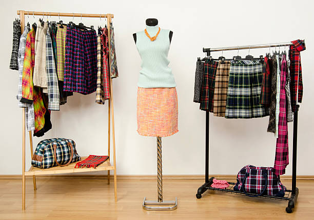 istock Colorful wardrobe with tartan clothes and accessories. 492543791