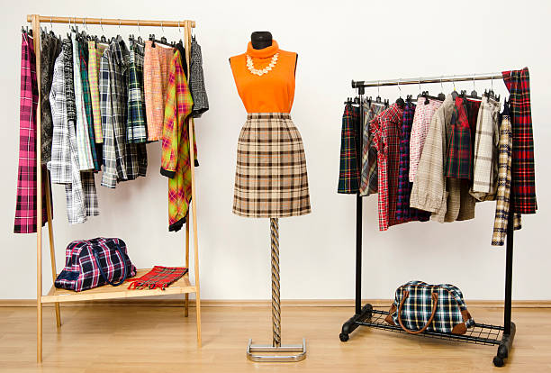 istock Colorful wardrobe with tartan clothes and accessories. 492543797