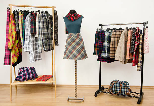 istock Colorful wardrobe with tartan clothes and accessories. 492543801