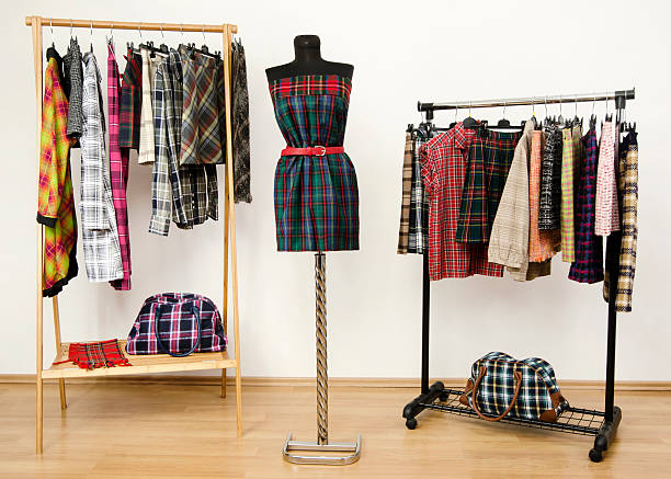 istock Colorful wardrobe with tartan clothes and accessories. 492543803