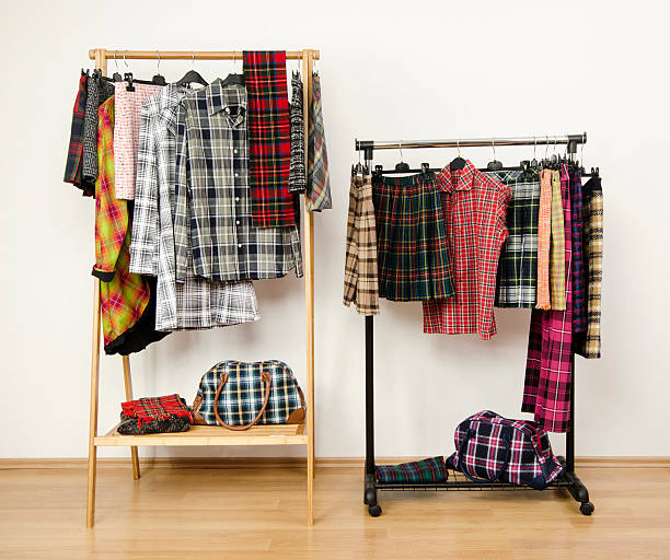istock Colorful wardrobe with tartan clothes and accessories. 492543807