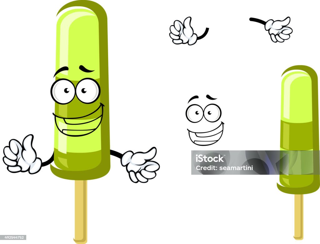 Happy green cartoon frozen ice cream Happy green cartoon frozen popsicle ice cream on a stick with waving arms and a smiling face. For dessert menu design 2015 stock vector