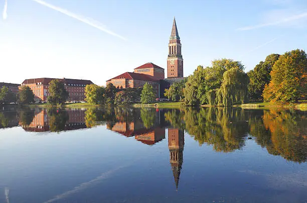 The town hall and the opera of Kiel/ Germany. In front the lake "Kleiner Kiel" XXXL size image. Image taken with Canon 5 Ds and EF 17-35 mm 2,8 USM L.