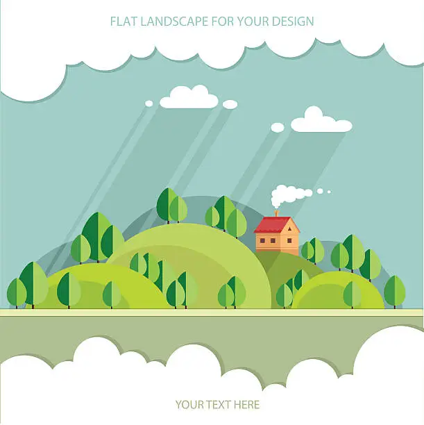Vector illustration of summer landscape.beautiful house on the hill among trees. Flat style