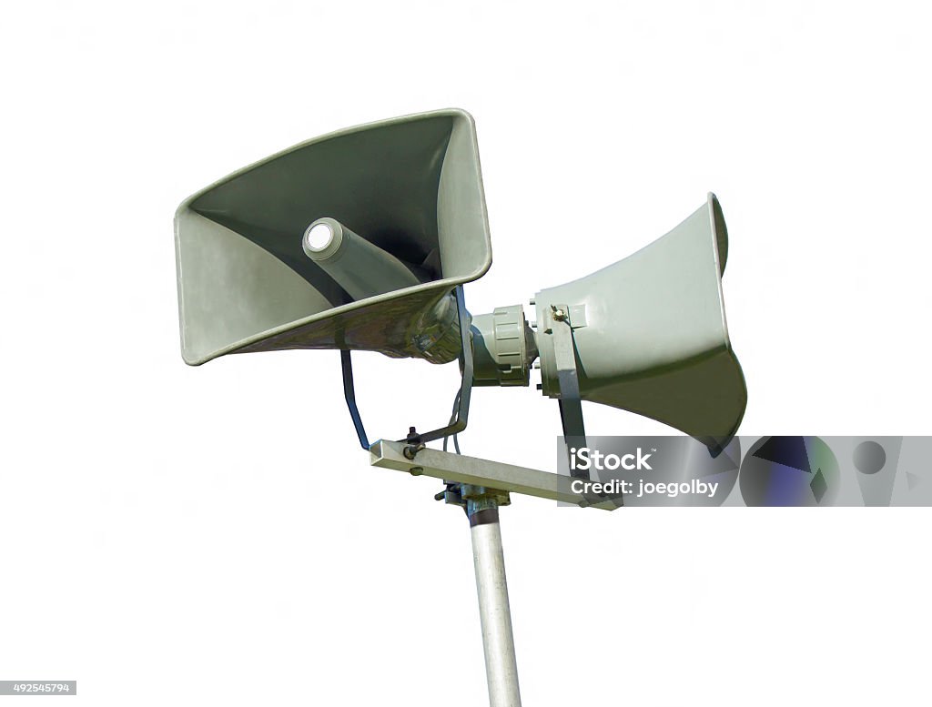 Public address system loud speaker - isolated Loud speakers of public address system. Emergency Siren Stock Photo