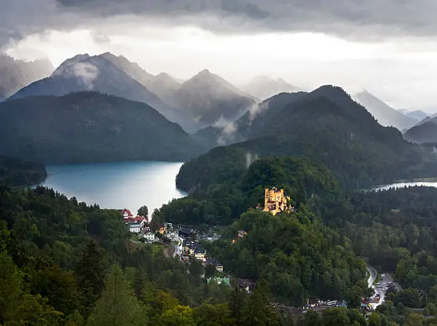 View from Neuschwanstein castle onto lake Alpsee and Hohenschwangau castle. Bavaria, Germany.