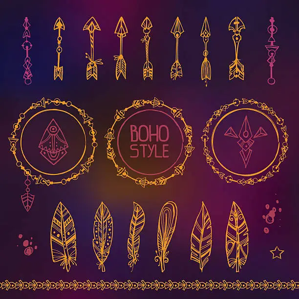 Vector illustration of Set of hand draw design elements in a boho style