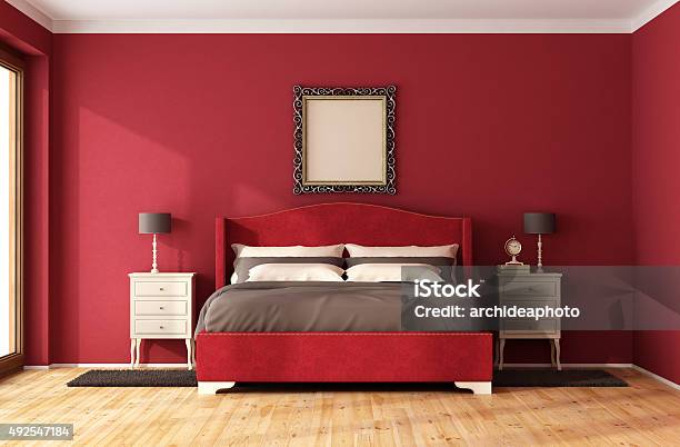 Red Classic Bedroom Stock Photo - Download Image Now - Red, Bedroom, Indoors