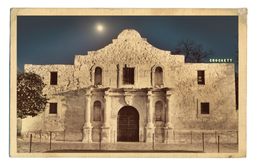Subject: A retro postcard of the Alamo memorial.