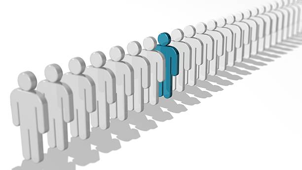 istock Single turquoise 3D people figure in row of white figures. 492548322