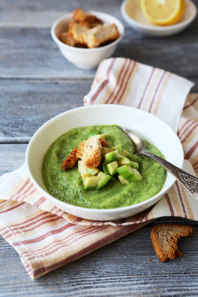istock cold avocado cream-soup in white bowl 492548330