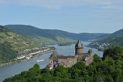 Bacharach, Germany - June 14, 2015: Castle Stahleck with river rhine Unesco world heritageRiver rhine Unesco world heritage