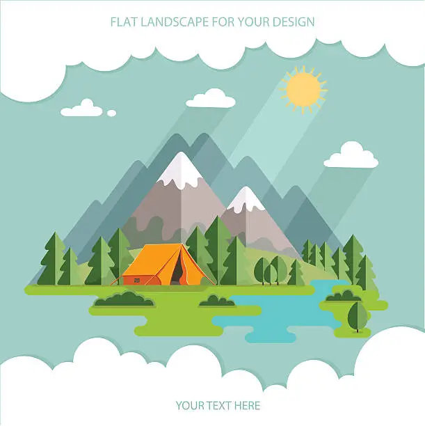 Vector illustration of summer  landscape. Morning landscape in the mountains. Hiking and camping