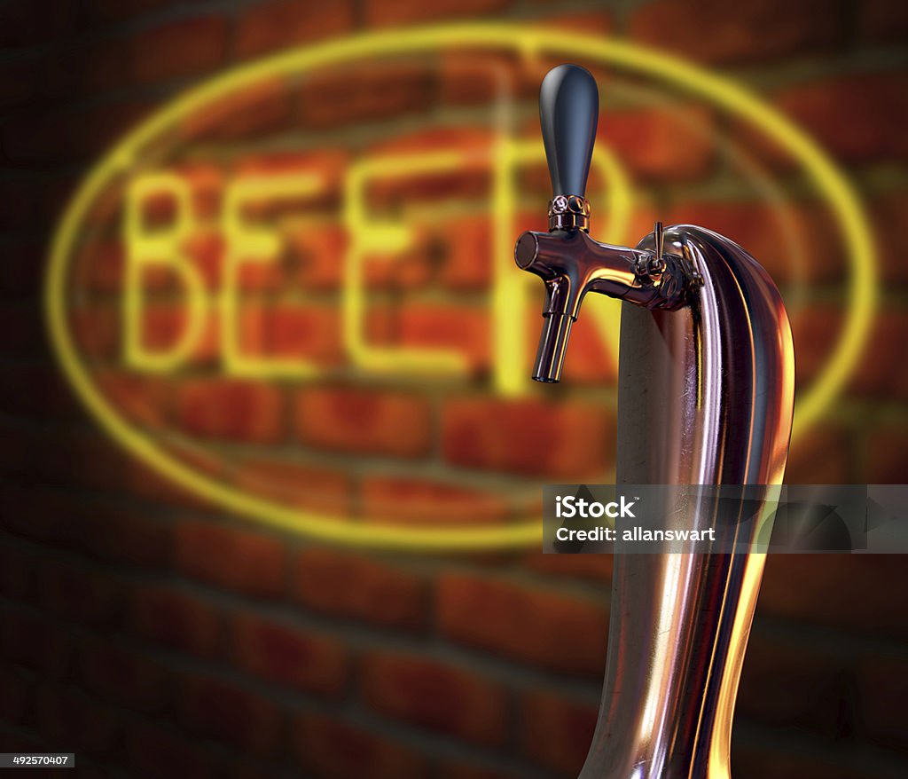 Beer Tap Single With Neon Sign A regular chrome draught beer tap on a facebrick wall background with a neon beer sign illuminated in the background Faucet Stock Photo