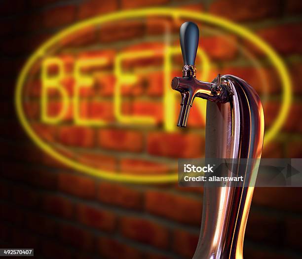 Beer Tap Single With Neon Sign Stock Photo - Download Image Now - Faucet, Alcohol - Drink, Bar - Drink Establishment