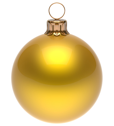 Christmas ball yellow New Year's Eve bauble wintertime decoration glossy sphere hanging adornment classic. Traditional winter ornament happy holidays Merry Xmas symbol blank round. 3d render isolated