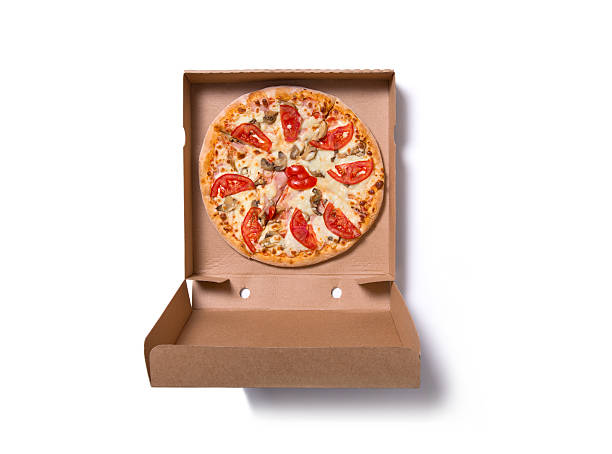 istock Fresh tasty Italian pizza with ham and tomatoes in box 492574822